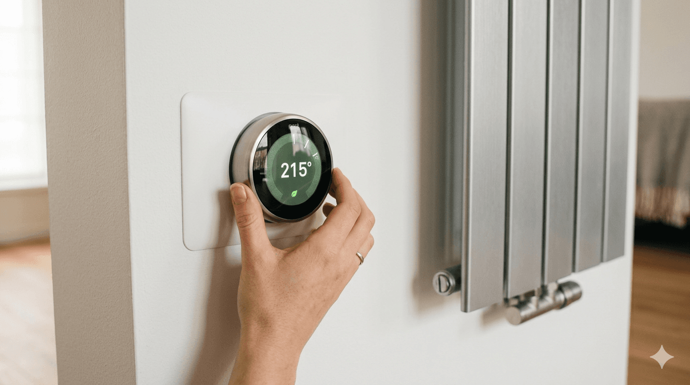 Thermostat connecté moderne réglé à 19,5°C à côté d'un radiateur design