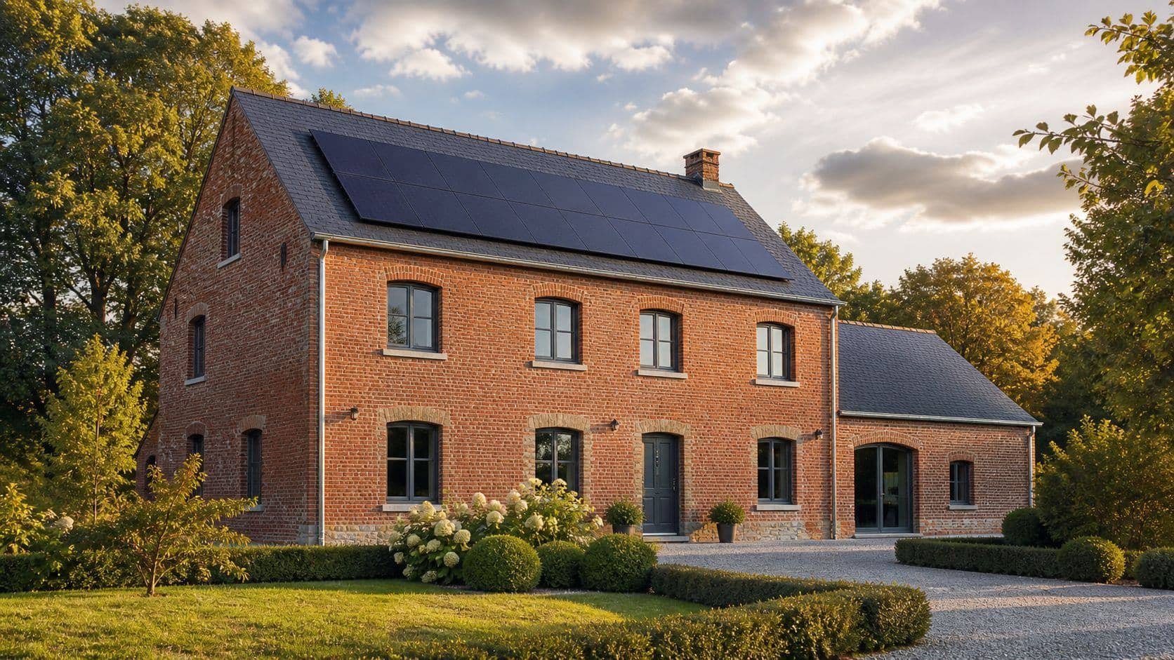 Maison wallonne en briques rouges équipée de panneaux solaires