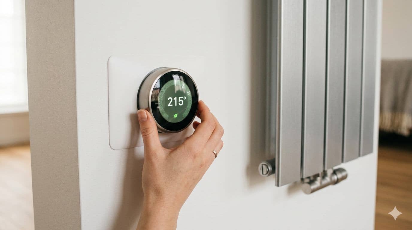 Thermostat connecté moderne réglé à 19,5°C à côté d'un radiateur design